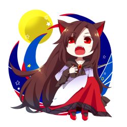 Rule 34 | 1girl, animal ears, brooch, brown hair, fangs, fingernails, full moon, highres, imaizumi kagerou, jewelry, long fingernails, long sleeves, moon, nail polish, open mouth, red eyes, red nails, shirt, sitting, skirt, solo, tail, touhou, wide sleeves, wolf ears, wolf tail, yamabuki (yusuraume)