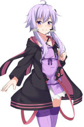 Rule 34 | 1girl, animal ears, black coat, blush, closed mouth, coat, commentary request, cowboy shot, criss-cross halter, dress, halter dress, halterneck, headset, highres, hood, hood down, hooded coat, kohakope, light purple hair, looking at viewer, open clothes, open coat, purple dress, purple eyes, purple thighhighs, short hair with long locks, sidelocks, smile, solo, thighhighs, voiceroid, yuzuki yukari, zettai ryouiki