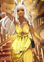 Rule 34 | 1girl, absurdres, animal ears, arm up, blue eyes, breasts, dark-skinned female, dark skin, dress, evening gown, final fantasy, final fantasy xiv, gold dress, hide (hideout), highres, indoors, jewelry, large breasts, long hair, looking at viewer, necklace, no bra, rabbit ears, side slit, stairs, viera, warrior of light (ff14), white hair