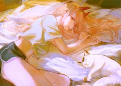 Rule 34 | 1girl, artist name, black shorts, cat, chainsaw man, commentary, crop top, cross-shaped pupils, demon horns, dolphin shorts, feet out of frame, horns, kei (keiuu), long hair, lying, meowy (chainsaw man), navel, on bed, on side, orange eyes, orange hair, parted lips, pillow, power (chainsaw man), red horns, shirt, short sleeves, shorts, sidelocks, signature, smile, solo, symbol-shaped pupils, white shirt