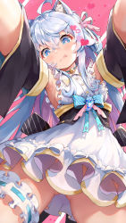 Rule 34 | 1girl, :q, ahoge, animal ear fluff, animal ears, armpits, bell, black sleeves, blue eyes, blue hair, blush, bow, bow panties, breasts, bridal garter, buttons, catxuan, closed mouth, commentary request, cowboy shot, crossed bangs, detached sleeves, dress, foreshortening, frilled dress, frills, from below, hair ornament, heart, heart-shaped pupils, heart background, highres, kagura nana, lipgloss, long hair, long sleeves, looking at viewer, looking down, multicolored hair, nanakagu karatou ch, neck bell, no panties, panties, pink hair, reaching, reaching towards viewer, red background, sideboob, sidelocks, silver hair, simple background, sleeveless, sleeveless dress, solo, symbol-shaped pupils, tongue, tongue out, underwear, virtual youtuber, white bow, white dress