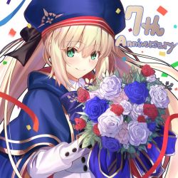 Rule 34 | 1girl, artoria caster (fate), artoria caster (second ascension) (fate), artoria pendragon (fate), beret, black bow, blonde hair, blue cape, blue flower, blue ribbon, blue rose, blush, bow, buttons, cape, cloak, closed mouth, collar, collared shirt, fate/grand order, fate (series), flower, gold trim, green eyes, hair between eyes, hair bow, hat, holding, looking at viewer, multicolored cape, multicolored clothes, neko daruma, ornament, purple bow, red ribbon, ribbon, rose, shirt, skirt, smile, twintails, white background, white flower, white rose, white shirt, white skirt