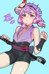 Rule 34 | 1girl, character mask, highres, katana, mask, medium hair, ninja, purple hair, ribbon, simple background, solo, sword, toriniku29, voiceroid, weapon, yuzuki yukari