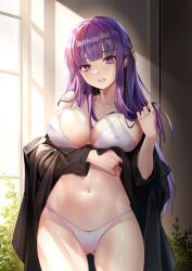 Rule 34 | 1girl, andy h, bikini, black coat, blunt bangs, breasts, cleavage, coat, commentary request, covered erect nipples, fern (sousou no frieren), highres, indoors, large breasts, long hair, long sleeves, looking at viewer, purple eyes, purple hair, shadow, sidelocks, sousou no frieren, standing, stomach, swimsuit, underwear, white bikini, window