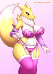 Rule 34 | 1girl, absurdres, animal ears, animal hands, black sclera, blue eyes, blush, bra, breasts, bridal gauntlets, claws, colored sclera, digimon, digimon (creature), female focus, fox tail, furry, furry female, garter belt, garter straps, half-closed eyes, hand up, highres, jpeg artifacts, large breasts, lingerie, looking at viewer, navel, panties, pink background, pink bra, pink panties, pink thighhighs, renamon, simple background, smile, solo, standing, tail, tailzkim, thighhighs, underwear, underwear only, yin yang