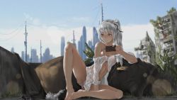 Rule 34 | 1girl, 329208149, bad id, bad pixiv id, black ribbon, blue sky, breasts, brown eyes, building, cable, cellphone, chinese commentary, cityscape, cloud, commentary request, cuffs, dark-skinned female, dark skin, dress shirt, earbuds, earphones, feet together, grass, hair ribbon, ivy, knees apart feet together, leaf, long hair, looking away, lounging, medium breasts, off shoulder, original, overgrown, panties, pantyshot, phone, pillow, pink panties, plant, plant roots, ribbon, ruins, see-through, shirt, side ponytail, silver hair, sky, skyscraper, sleeves rolled up, spread legs, stomach, sweat, transmission tower, tree, unbuttoned, underwear, wet, wet clothes, white shirt