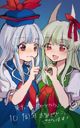 Rule 34 | 2girls, blue background, blue dress, blue hair, blue headwear, brown eyes, closed mouth, dress, ex-keine, finger to mouth, gradient background, green dress, green hair, grey hair, hat, highres, horn ornament, horn ribbon, horns, kamishirasawa keine, long hair, multicolored hair, multiple girls, neckerchief, one-hour drawing challenge, open mouth, pinafore dress, puffy short sleeves, puffy sleeves, red eyes, red neckerchief, red ribbon, ribbon, shirt, short sleeves, shukinuko, simple background, sleeveless, sleeveless dress, touhou, two-tone hair, white shirt