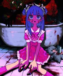 Rule 34 | 1girl, bathtub, blood, blood on face, blood on ground, blood on hands, blue eyes, blue hair, blue nails, bow, bowtie, check copyright, cigarette, colored skin, commentary, copyright request, dark, double bun, dress, feet out of frame, frilled dress, frills, hair bun, hair over shoulder, highres, holding, holding cigarette, horror (theme), indoors, knife, long hair, maid headdress, nail polish, on floor, open mouth, original, oshio (shioqqq), pink bow, pink bowtie, pink dress, pink skin, pink socks, short dress, short sleeves, sitting, socks, solo, spread legs, stab, straight-on, stuffed animal, stuffed toy, stuffing, teddy bear, tile floor, tiles, wide-eyed