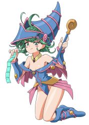 Rule 34 | 1girl, absurdres, areola slip, blue footwear, blue hat, blue leotard, blush stickers, boots, breasts, commentary, condom, condom packet strip, condom wrapper, cosplay, curly hair, dark magician girl, dark magician girl (cosplay), dress, flipped hair, green eyes, green hair, hands up, hat, highres, holding, holding wand, kneeling, leotard, long hair, looking at viewer, maho malice, off-shoulder dress, off shoulder, one-punch man, pink skirt, showgirl skirt, skirt, small breasts, smile, solo, symbol-only commentary, tatsumaki, wand, wizard hat, yu-gi-oh!