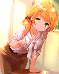 Rule 34 | 1girl, arm support, belt, blonde hair, blush, brown skirt, chesuke, closed mouth, collarbone, ellen baker, eyebrows, green eyes, hair ornament, hair over shoulder, hair scrunchie, holding, holding pen, indoors, leaning forward, lens flare, long hair, looking at viewer, low ponytail, mechanical pencil, new horizon, pen, pencil, ponytail, scrunchie, shirt, skirt, smile, solo, white shirt