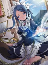 Rule 34 | 1girl, blue eyes, blue hair, blue sky, candle, closed mouth, cloud, company name, copyright name, cup, day, fire emblem, fire emblem cipher, fire emblem fates, flora (fire emblem), gem, holding, holding plate, juliet sleeves, kei s01, long sleeves, maid, maid headdress, mountain, nintendo, official art, open window, plate, puffy sleeves, sky, smile, solo, teacup, teapot, thighhighs, twintails, window, zettai ryouiki