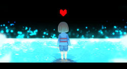 Rule 34 | 1other, androgynous, blue shirt, blue shorts, facing away, frisk (undertale), from behind, heart, highres, horizon, letterboxed, light brown hair, long sleeves, ocean, okota mikan, shallow water, shirt, short hair, short shorts, shorts, solo, undertale, water