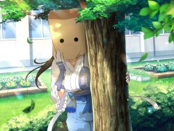 Rule 34 | 1girl, armor, bag, bag over head, belt pouch, blue bow, blue flower, blue hakama, blush, bow, breasts, brown hair, bug, bush, butterfly, collarbone, covered face, day, embarrassed, emblem, falling leaves, flower, frilled kimono, frills, garden, gloves, grass, hakama, hiding, insect, japanese armor, japanese clothes, kimono, kote, large breasts, leaf, lens flare, light particles, long hair, looking at viewer, mask, muneate, murakumo (senran kagura), official art, outdoors, paper bag, peeking out, pouch, school, senran kagura, senran kagura new link, senran kagura shinovi versus, side ponytail, solo, standing, tree, waist bow, white bow, white butterfly, white flower, white gloves, white kimono, window, yaegashi nan, yellow butterfly, yellow flower