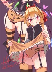 Rule 34 | 1girl, 2018, :q, ahoge, alternate costume, artist name, ass, black footwear, blonde hair, boots, bow, bow panties, clothes lift, clothes writing, commentary, corset, crystal, fake horns, flandre scarlet, garter straps, hair between eyes, hair ribbon, hairband, halloween, hand on own hip, heart, high heel boots, high heels, horns, knee boots, lifting own clothes, long hair, looking at viewer, multiple views, no pants, orange panties, orange skirt, panties, panties over garter belt, print panties, red eyes, red hairband, red ribbon, ribbon, sidelocks, simple background, skirt, skirt lift, smile, striped clothes, striped thighhighs, sushoyushi, thighhighs, tongue, tongue out, touhou, twintails, underwear, v-shaped eyebrows, wings