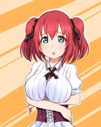 Rule 34 | 10s, 1girl, alternate breast size, arms under breasts, black ribbon, blouse, blush, breasts, corset, crossed arms, green eyes, hair ornament, hair ribbon, hair scrunchie, highres, kurosawa ruby, large breasts, looking at viewer, love live!, love live! sunshine!!, medium hair, nono (totokin), open mouth, red hair, ribbon, scrunchie, shirt, solo, standing, twintails, two side up
