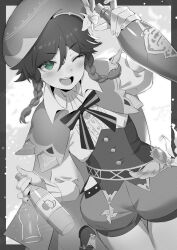 Rule 34 | 1boy, :d, beret, blush, bottle, braid, cape, capelet, center frills, corset, dutch angle, frilled shirt, frills, genshin impact, green eyes, greyscale, hair between eyes, hat, highres, holding, holding bottle, legs together, long hair, long sleeves, looking at viewer, monochrome, one eye closed, open mouth, puffy shorts, shirt, shorts, smile, solo, spot color, sukoyaka93, teeth, thigh gap, trap, twin braids, upper teeth only, v-shaped eyebrows, venti (genshin impact), vision (genshin impact), wine bottle