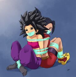 Rule 34 | 2girls, arms behind back, ass, bdsm, black eyes, black hair, bondage, bound, bound ankles, bound arms, bound legs, bound together, bound wrists, breasts, caulifla, cleavage, collarbone, dragon ball, dragon ball super, earrings, gag, gagged, improvised gag, jewelry, kale (dragon ball), looking at viewer, lost one zero, multiple girls, sideboob, small breasts, tape, tape bondage, tape gag