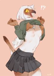 Rule 34 | !?, 1girl, artist name, assisted exposure, beak, bebebe, bird-chan (bebebe), bird tail, black skirt, blush, breasts, brown eyes, clenched hands, clothes lift, colored sclera, constricted pupils, disembodied limb, embarrassed, female focus, furry, furry female, green sweater, hair ornament, hairclip, hands up, long sleeves, looking down, miniskirt, navel, nipples, no bra, no humans, nose blush, open mouth, original, pleated skirt, school uniform, shirt, shirt lift, short hair, signature, skirt, small breasts, solo, standing, surprised, sweat, sweater, sweater lift, tail, white hair, white shirt, yellow sclera