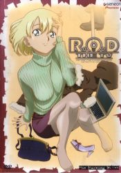 Rule 34 | 00s, 1girl, adjusting hair, arm support, bag, blonde hair, blue eyes, coat, computer, copyright name, cover, dvd cover, feet, green shirt, handbag, high heels, ishihama masashi, computer keyboard, laptop, miniskirt, official art, pantyhose, r.o.d the tv, read or die, shirt, shoes, unworn shoes, short hair, sitting, skirt, smile, solo, sweater, turtleneck, wendy earhart