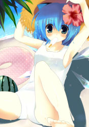 Rule 34 | 1girl, armpits, bad id, bad pixiv id, barefoot, beach, blue eyes, blue hair, bow, cameltoe, cirno, day, flower, food, fruit, hair flower, hair ornament, hand on headwear, hat, hibiscus, innertube, kinoko (hkn), matching hair/eyes, one-piece swimsuit, outdoors, popsicle, school swimsuit, short hair, solo, swim ring, swimsuit, toes, touhou, water, watermelon, wet, white one-piece swimsuit, white school swimsuit