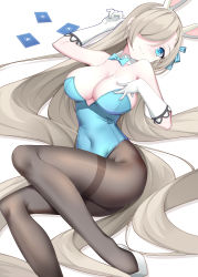 Rule 34 | 1girl, absurdly long hair, animal ears, aqua bow, aqua bowtie, aqua eyes, aqua leotard, asuna (blue archive), asuna (bunny) (blue archive), black pantyhose, blonde hair, blue archive, blue leotard, bow, bowtie, breasts, card, cleavage, closed mouth, commentary request, covered navel, fake animal ears, gloves, hair over one eye, hand on own chest, highres, legs, leotard, long hair, lying, mole, mole on breast, on back, pantyhose, playboy bunny, playing card, rabbit ears, rx7649, smile, solo, strapless, strapless leotard, thighband pantyhose, traditional bowtie, very long hair, white footwear, white gloves
