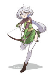 Rule 34 | 1girl, ahoge, alternate universe, armlet, arrow (projectile), black shirt, boots, bow (weapon), bridal gauntlets, brown footwear, commentary request, dress, elf, green dress, grey eyes, grey hair, gundam, gundam suisei no majo, hair between eyes, heebee, holding, holding bow (weapon), holding weapon, long hair, looking to the side, miorine rembran, open mouth, pointy ears, quiver, running, shadow, shirt, side slit, simple background, solo, thighhighs, twitter username, weapon, white background, white thighhighs