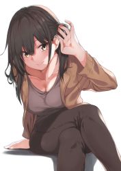 Rule 34 | 1girl, absurdres, adjusting hair, amu (258shin), arm support, arm up, black hair, black pants, blush, breasts, brown eyes, brown jacket, brown shirt, cleavage, commentary request, crossed legs, highres, jacket, large breasts, leaning forward, long hair, long sleeves, looking at viewer, mole, mole under eye, original, pants, shadow, shirt, simple background, sitting, smile, solo, white background
