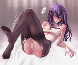 Rule 34 | 1girl, aihara mei, anpsart, artist name, ass, bed, black hair, breasts, citrus (saburouta), commentary, covering privates, covering breasts, curtains, english commentary, flying sweatdrops, highres, indoors, lips, long hair, looking at viewer, medium breasts, meme, no shoes, panties, pantyhose, purple eyes, solo, thighs, topless, torn clothes, torn pantyhose, twitter strip game (meme), underwear, white panties