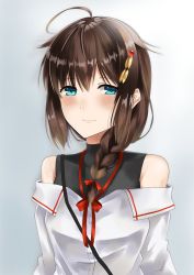 Rule 34 | 1girl, ahoge, arumikan, bare shoulders, between breasts, black undershirt, blue background, blue eyes, blush, braid, breasts, brown hair, hair flaps, hair over shoulder, highres, kantai collection, looking at viewer, neck ribbon, off shoulder, official alternate costume, red ribbon, ribbon, shigure (kancolle), shigure kai ni (kancolle), shirt, simple background, sleeveless, sleeveless shirt, solo, strap between breasts, upper body