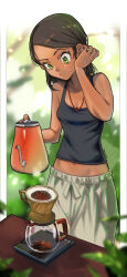 1girl absurdres adjusting_hair blurry blurry_background breasts brown_hair cleavage clip_studio_paint_(medium) coffee coffee_maker commentary cooking dark-skinned_female dark_skin eudetenis green_eyes highres holding holding_kettle jewelry kettle medium_hair midriff navel necklace original pants plant potted_plant shirt sleeveless sleeveless_shirt small_breasts solo sweat weighing_scale white_pants