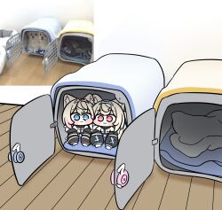 Rule 34 | 2girls, :3, animal ears, black jacket, blanket, blonde hair, blue eyes, blue hair, blue hairband, blush stickers, cage, cheek-to-cheek, chibi, closed mouth, commentary, dog, dog ears, dog girl, double-parted bangs, english commentary, fake horns, fuwawa abyssgard, fuwawa abyssgard (1st costume), hairband, heads together, highres, hololive, hololive english, horns, jacket, lying, mococo abyssgard, mococo abyssgard (1st costume), multicolored hair, multiple girls, on stomach, parody, photo inset, pillow, pink eyes, pink hair, pink hairband, puffy cheeks, shirt, short hair, side-by-side, streaked hair, tensutensu, two-tone hair, virtual youtuber, white background, white shirt, wooden floor