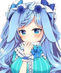 Rule 34 | 1girl, animal ears, blue bow, blue dress, blue eyes, blue flower, blue hair, blue rose, blush, bow, braid, breasts, closed mouth, commentary request, dress, flower, hair flower, hair ornament, hand up, hat, hat bow, long hair, maki soutoki, medium breasts, mob cap, original, parted lips, puffy short sleeves, puffy sleeves, rabbit ears, rabbit hair ornament, rose, short sleeves, simple background, solo, striped clothes, striped dress, upper body, vertical-striped clothes, vertical-striped dress, white background, white hat