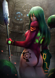 Rule 34 | 1girl, absurdres, alien, alternate hair color, alternate weapon, arm cannon, ass, ass tattoo, breasts, commentary request, dual wielding, fingerless gloves, from behind, glaive (polearm), gloves, glowing, green hair, hair between eyes, highres, holding, holding polearm, holding weapon, justin bailey, legs together, leotard, long hair, looking back, medium breasts, metroid, metroid (classic), metroid (creature), muscular, muscular female, neon trim, nintendo, pink gloves, pink leotard, polearm, samus aran, solo focus, spear, standing, tattoo, temple, thick thighs, thighs, thong leotard, turning head, weapon, wristband, xuuikie ashe