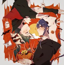 Rule 34 | 2girls, alternate costume, arknights, bandaged hand, bandages, bat (animal), black cloak, black jacket, blue hair, blush, ch&#039;en (arknights), cloak, closed eyes, closed mouth, commentary, dragon horns, dragon tail, english text, from side, green hair, grin, halloween, halloween costume, highres, hood, hooded jacket, horns, hoshiguma (arknights), jack-o&#039;-lantern, jacket, kyou 039, long hair, mask, mask on head, multiple girls, oni mask, ponytail, profile, red eyes, single horn, skin-covered horns, smile, tail, twitter username, upper body, upside-down, vampire costume, white headwear, yuri