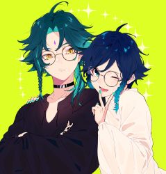 Rule 34 | 2boys, ahoge, androgynous, black hair, black nails, black shirt, blue hair, braid, choker, closed mouth, collarbone, commentary request, crossed arms, diamond-shaped pupils, diamond (shape), eyeshadow, facial mark, forehead mark, fuka (hk nemo), genshin impact, glasses, gradient hair, green eyes, green hair, green nails, hand on another&#039;s shoulder, highres, long sleeves, looking at viewer, makeup, male focus, multicolored hair, multiple boys, nail polish, one eye closed, open mouth, parted bangs, red eyeshadow, round eyewear, shirt, short hair with long locks, simple background, slit pupils, smile, sparkle background, symbol-shaped pupils, twin braids, two-tone hair, v, venti (genshin impact), white shirt, xiao (genshin impact), yellow background, yellow eyes