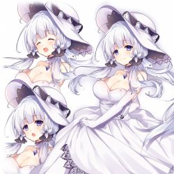 Rule 34 | 1girl, :d, ^ ^, azur lane, bad id, bad pixiv id, bare shoulders, black ribbon, blue eyes, blush, breasts, cleavage, closed eyes, closed mouth, collarbone, dress, elbow gloves, gloves, hair ribbon, illustrious (azur lane), large breasts, long hair, multiple views, omuretsu, open mouth, ribbon, silver hair, smile, strapless, strapless dress, very long hair, white background, white dress, white gloves, white headwear, white theme