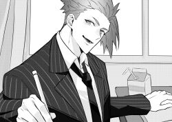 Rule 34 | 1boy, absurdres, achilles (fate), bags under eyes, book, collared shirt, curtains, desk, drinking straw, fate/grand order, fate (series), greyscale, haruakira, highres, holding, holding pen, jacket, juice box, looking at viewer, lower teeth only, male focus, monochrome, necktie, open book, open mouth, pen, shirt, short hair, solo, striped clothes, striped jacket, teeth, undercut, upper body, vertical-striped clothes, vertical-striped jacket, white shirt, window