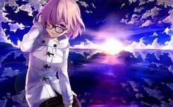 Rule 34 | 1girl, arm up, between legs, black-framed eyewear, black pantyhose, black skirt, cloud, cloudy sky, coat, commentary request, falling star, fate/grand order, fate (series), fujikiri yana, glasses, hair over one eye, hand between legs, hand in own hair, head tilt, highres, long sleeves, looking at viewer, mash kyrielight, mash kyrielight (fgo x lawson), official alternate costume, pantyhose, parted lips, pink hair, plaid, plaid skirt, purple eyes, reflection, shooting star, short hair, sitting, skirt, sky, smile, solo, star (sky), starry sky, sun, sunset, white coat