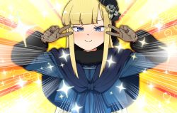 Rule 34 | 1girl, blonde hair, blue eyes, blush, commentary request, double v, emotional engine - full drive, fate/grand order, fate (series), flower, fur collar, gloves, grey flower, hair flower, hair ornament, hat, highres, long hair, long sleeves, looking at viewer, lord el-melloi ii case files, reines el-melloi archisorte, smile, solo, soxkyo, v