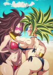 2girls absurdres android_21 ass beach bikini black_bikini blue_eyes bracelet breasts brown_hair dao_zenkai dragon_ball dragon_ball_fighterz dragon_ball_super earrings grey_hair highres jewelry kefla_(dragon_ball) large_breasts multiple_girls red_bikini sunglasses swimsuit