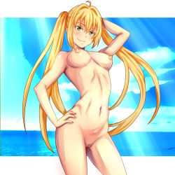 Rule 34 | 1girl, ahoge, arm up, blonde hair, blue sky, blush, breasts, cleft of venus, completely nude, day, fate/grand order, fate (series), green eyes, hand on own hip, legs apart, long hair, medium breasts, nero claudius (fate), nero claudius (fate) (all), nero claudius (fate/extra), nike (0306), nipples, nude, puffy nipples, pussy, sky, smile, solo, standing, twintails, uncensored