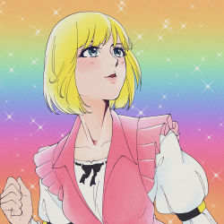 Rule 34 | 1girl, bishie sparkle, blonde hair, blouse, blush, byackopath (artist), clenched hand, commentary request, fabulous, fabulous secret powers (meme), genderswap, genderswap (mtf), green eyes, highres, looking afar, masters of the universe, meme, open mouth, pink vest, prince adam, rainbow, retro artstyle, shirt, short hair, solo, sparkle, upper body, vest, white shirt