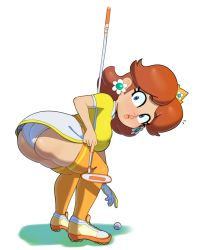 Rule 34 | 1girl, ass, ball, bent over, blue eyes, breasts, brown hair, crown, earrings, embarrassed, flower earrings, from behind, gloves, golf ball, golf club, highres, jewelry, leaning, leaning forward, legs, looking at viewer, looking back, mario (series), mario golf, mario golf: super rush, miniskirt, nintendo, panties, princess daisy, shiny clothes, shiny skin, short hair, sideboob, single glove, skirt, solo, somescrub, surprised, thick thighs, thighhighs, thighs, tomboy, underwear, upskirt, wardrobe malfunction