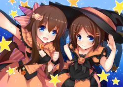 Rule 34 | 2girls, black hat, blue eyes, breasts, brown hair, cleavage, hair ornament, hairclip, halloween costume, hand on own hip, hat, long hair, looking at viewer, multiple girls, nerv110, open mouth, original, short hair, siblings, sisters, smile, star (symbol), twins, witch hat