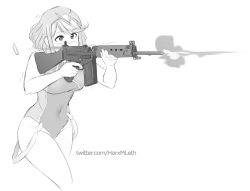 Rule 34 | 1girl, aiming, battle rifle, competition swimsuit, firing, fn fal, grey eyes, grey hair, greyscale, gun, hair between eyes, hair ornament, headband, highres, holding, holding gun, holding weapon, mleth, monochrome, one-piece swimsuit, pyra (pro swimmer) (xenoblade), pyra (xenoblade), rifle, shell casing, short hair, simple background, solo, swimsuit, weapon, white background, xenoblade chronicles (series), xenoblade chronicles 2