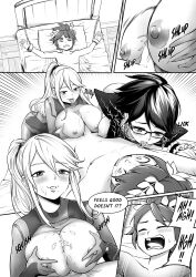 Rule 34 | 1boy, 2girls, assertive female, bayonetta, bayonetta (series), bdsm, bed, body switch, bodysuit, bondage, bound, breasts, breasts out, chain, chained, clothed female nude male, comic, commentary, completely nude, cum, cum on body, english text, facial, feathered wings, femdom, ffm threesome, greyscale, group sex, hetero, highres, kid icarus, large breasts, licking, licking nipple, lying, metroid, mole, mole under mouth, monochrome, multiple girls, nintendo, nipple stimulation, nipples, nude, on back, paizuri, penis, personality switch, pit (kid icarus), ponytail, rape, ravenhart, samus aran, short hair, sidelocks, super smash bros., sweatdrop, threesome, uncensored, wings, zero suit