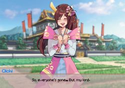 Rule 34 | 1girl, absurdres, blush, castle, closed eyes, creatures (company), english text, eyelashes, female focus, field, game freak, grass, hair between eyes, hair ornament, hair ribbon, hands on own chest, highres, japanese clothes, kimono, lips, lipstick, long hair, makeup, nintendo, nyantcha, oichi, open mouth, outdoors, parted bangs, pink skirt, pokeball symbol, pokemon, pokemon conquest, ponytail, red hair, ribbon, sengoku musou, skirt, sky, smile, solo, text focus, thighs