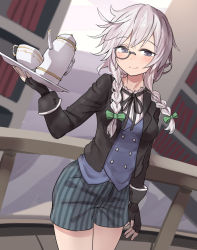 Rule 34 | 1girl, black gloves, black ribbon, blue vest, bow, braid, breasts, butler, closed mouth, cowboy shot, cup, female butler, fingerless gloves, gloves, green bow, grey eyes, hair bow, indoors, isemori, izayoi sakuya, light smile, long hair, looking at viewer, medium breasts, messy hair, monocle, neck ribbon, ribbon, shorts, silver hair, solo, standing, striped clothes, striped shorts, teacup, teapot, touhou, tray, twin braids, vest