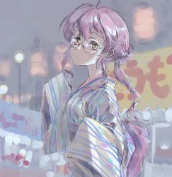 Rule 34 | 1girl, ahoge, alternate costume, double bun, festival, from side, glasses, hair between eyes, highres, japanese clothes, kantai collection, kimono, looking at viewer, looking to the side, makigumo (kancolle), pink hair, sleeves past wrists, solo, suzumaru, twintails, upper body, yukata