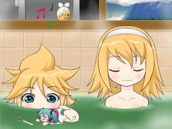 Rule 34 | 00s, 1boy, 2girls, :&lt;, :d, ahoge, animated, animated gif, aqua eyes, bath, bathing, beamed eighth notes, beamed quavers, blonde hair, blush, brother and sister, chibi, dancing, eighth note, hachune miku, hairband, half note, happy, hatsune miku, headphones, innertube, kagamine len, kagamine rin, lowres, mameshiba (pixiv 59310), mini person, minigirl, mixed-sex bathing, multiple girls, music, musical note, o o, open mouth, partially submerged, quarter note, quaver, same-sex bathing, shared bathing, short hair, siblings, singing, smile, spring onion, swim ring, swimming, toy, triangle mouth, twins, vocaloid